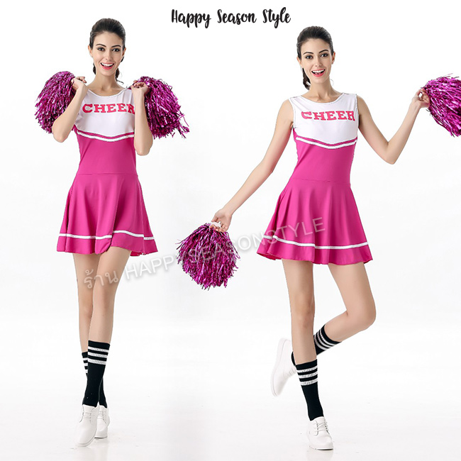 ชุดเชียร์ ชุดเชียร์ลีดเดอร์ เชียร์กีฬา ชุดปอมๆ เชียร์หลีดเดอร์ สีชมพู แซกผ้ายืด สกรีนที่อก Cheer