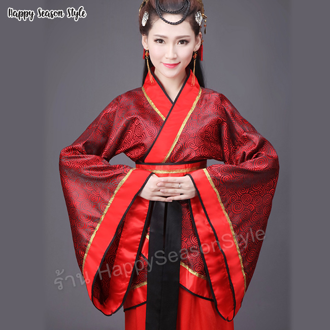 ชุดจีน ชุดจีนกำลังภายใน เสื้อไหมจีนมีลายในตัวสีแดง กระโปรงแดง แถมปิ่น และ tattoo