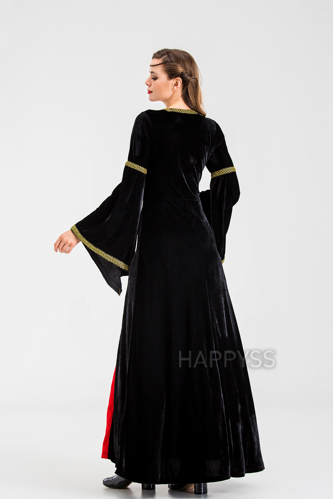 ชุดยุโรป ชุดย้อนยุค ผ้ากำมะหยี่ แทรกผ้า 2 แฉก ริบบิ้นเหลือง