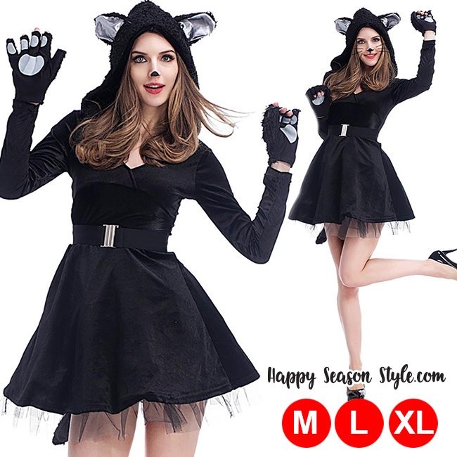 ชุดแฟนซี halloween ชุดแมวดำ แซกมีฮู๊ดหูและหางแมว พร้อมถุงมือแมว