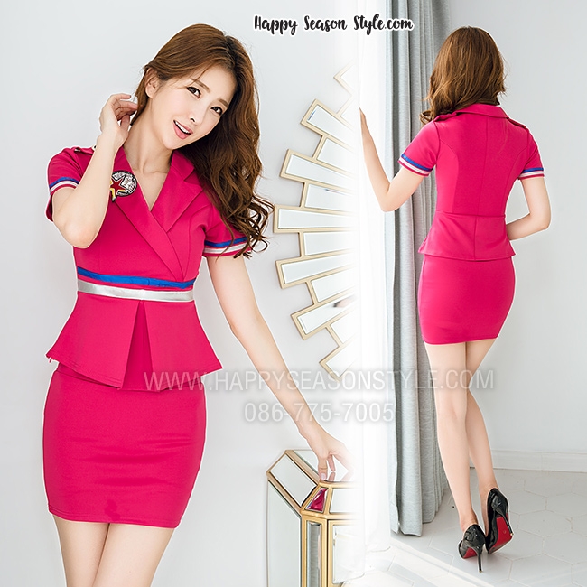 ชุดพนักงาน ชุดยูนิฟอร์ม พนักงานต้อนรับ พีอาร์ คอแหลม สีชมพู แต่งตัวแต่งรูปดาว เดินเส้นคาดเอว