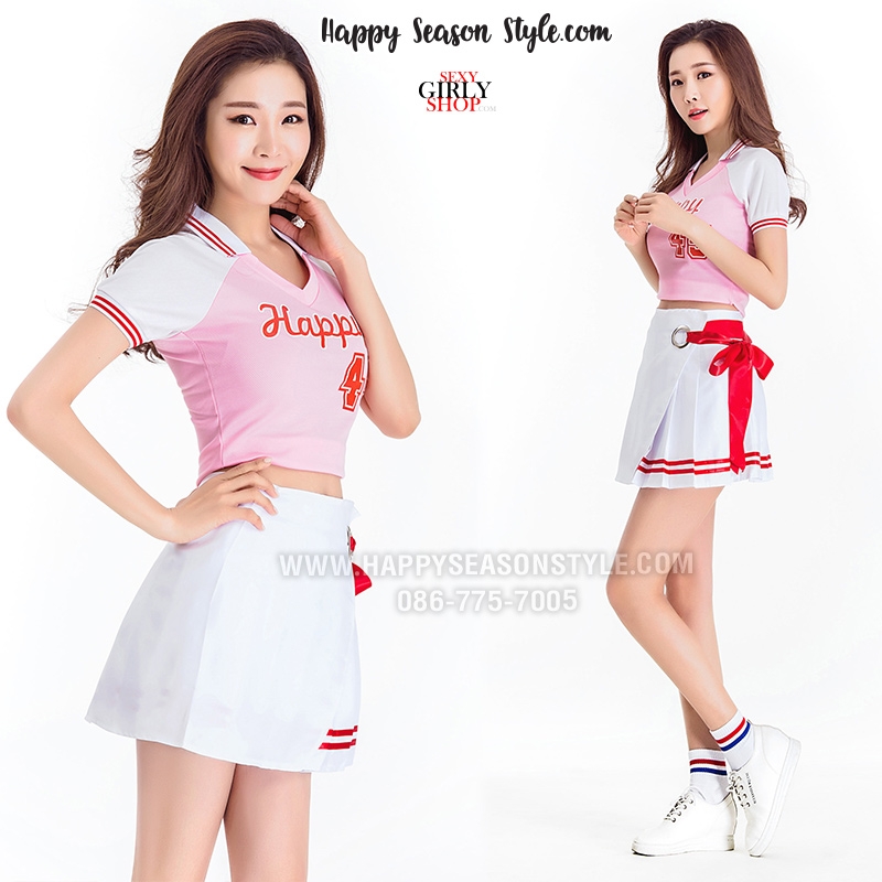 ชุดเชียร์ เชียร์ลีดเดอร์ ชุดเชียร์กีฬา สีชมพู ปกโปโล แขนขาว กระโปรงขาว แนวเกาหลี ใส่ได้ 2 แบบ