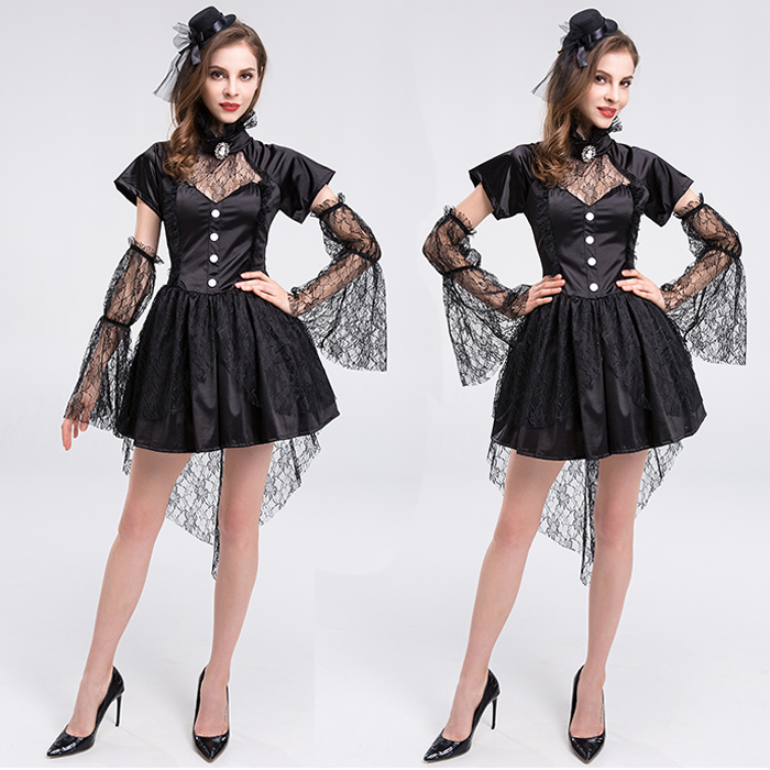 ชุดแฟนซี ฮาโลวีน - ชุดแม่มด แซกดำ หน้าสั้นหลังยาว แขนตุ๊กตา