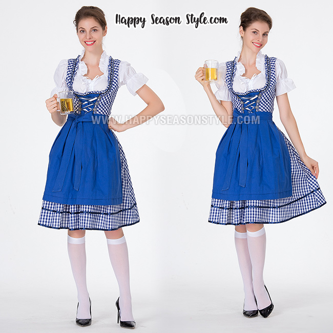 ชุดแฟนซี Oktoberfest Beer ชุดประจำชาติ เยอรมัน เนเธอร์แลนด์ ชุดเชียร์เบียร์ ชุดบาวาเรียน - ชุดเมด สก๊อตน้ำเงิน
