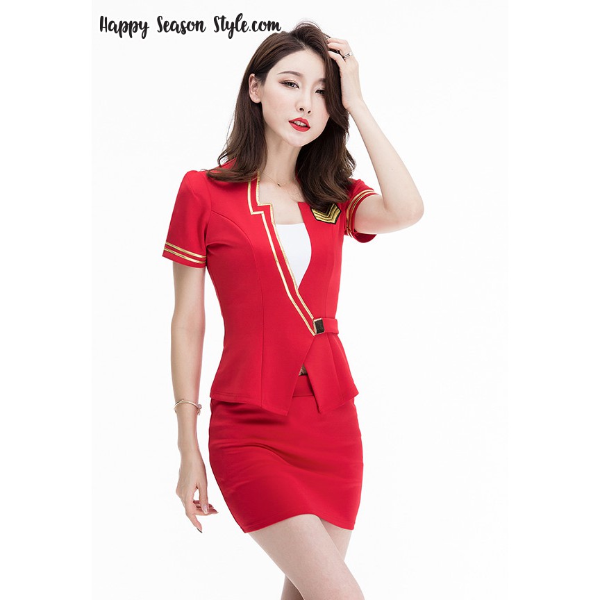 ชุดยูนิฟอร์ม - ชุดพนักงาน พีอาร์ ปกเชิ๊ตแต่งขอบทอง กระดุมเดี่ยว สีแดง สำเนา