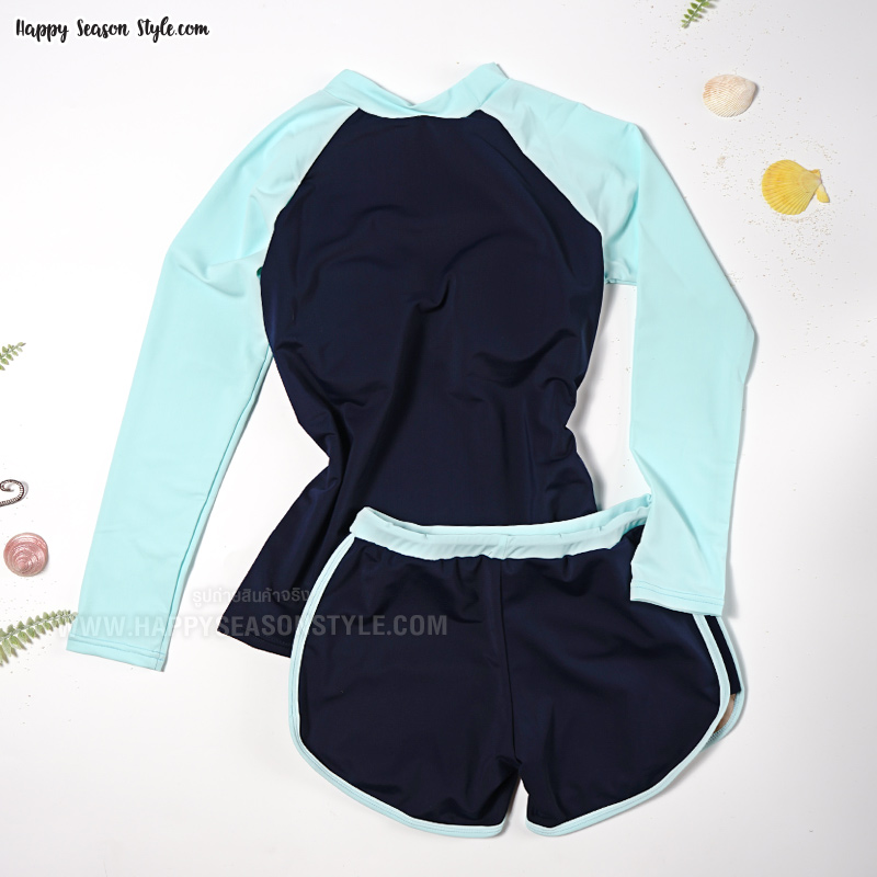 ชุดว่ายน้ำ ทูพีช แยกชิ้น เสื้อแขนยาว กางเกงขาสั้น สีกรมท่า-ฟ้า