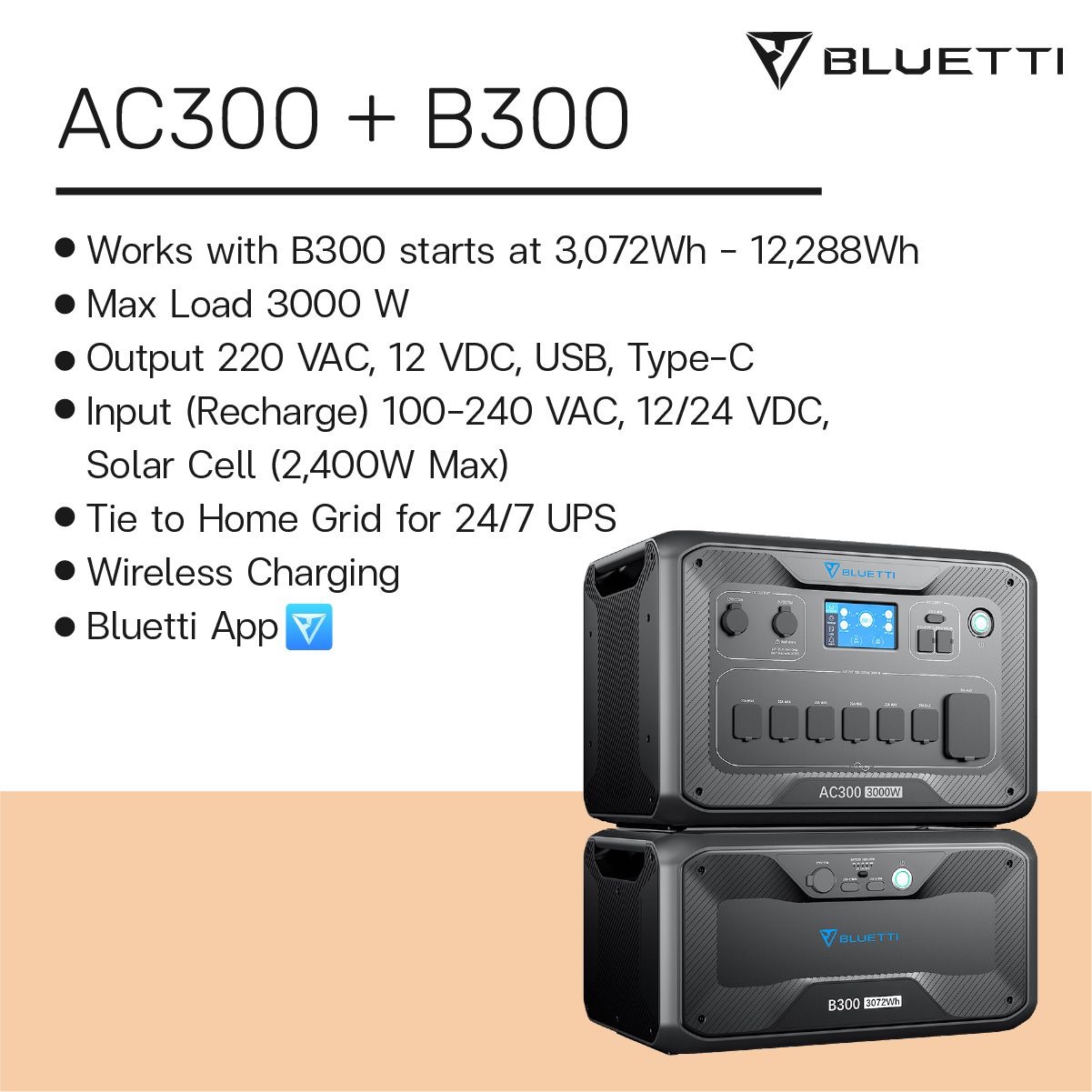 BLUETTI AC300 + B300 Home Battery Backup (Inverter 3,000W + Battery 3,072Wh)แบตเตอรี่สำรองอเนกประสงค์