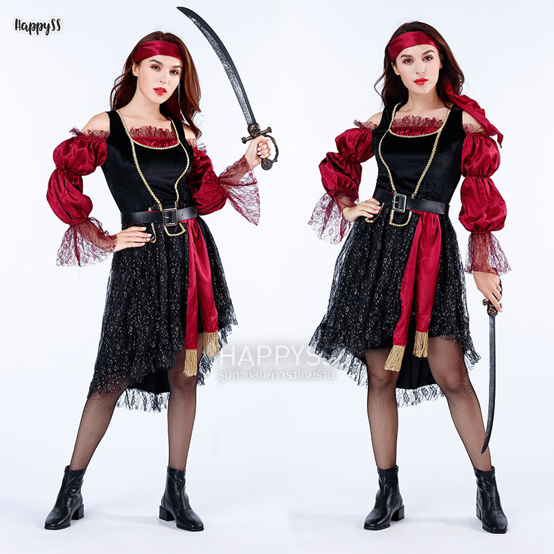 ชุดโจรสลัดหญิง ไหล่ปาดสีแดงลูกไม้เสื้อกั๊กดำ สวยเท่สุดๆ พร้อมดาบ 🏍️💨ส่งไวจากไทย