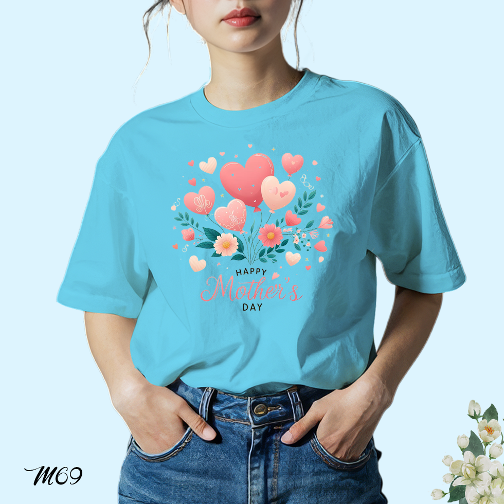 เสื้อยืดสีฟ้าวันแม่ สกรีนลาย Happy Mother's Day M69 โพลีเอสเตอร์ 100% ตรงปก วันแม่ 12 สิงหาคม