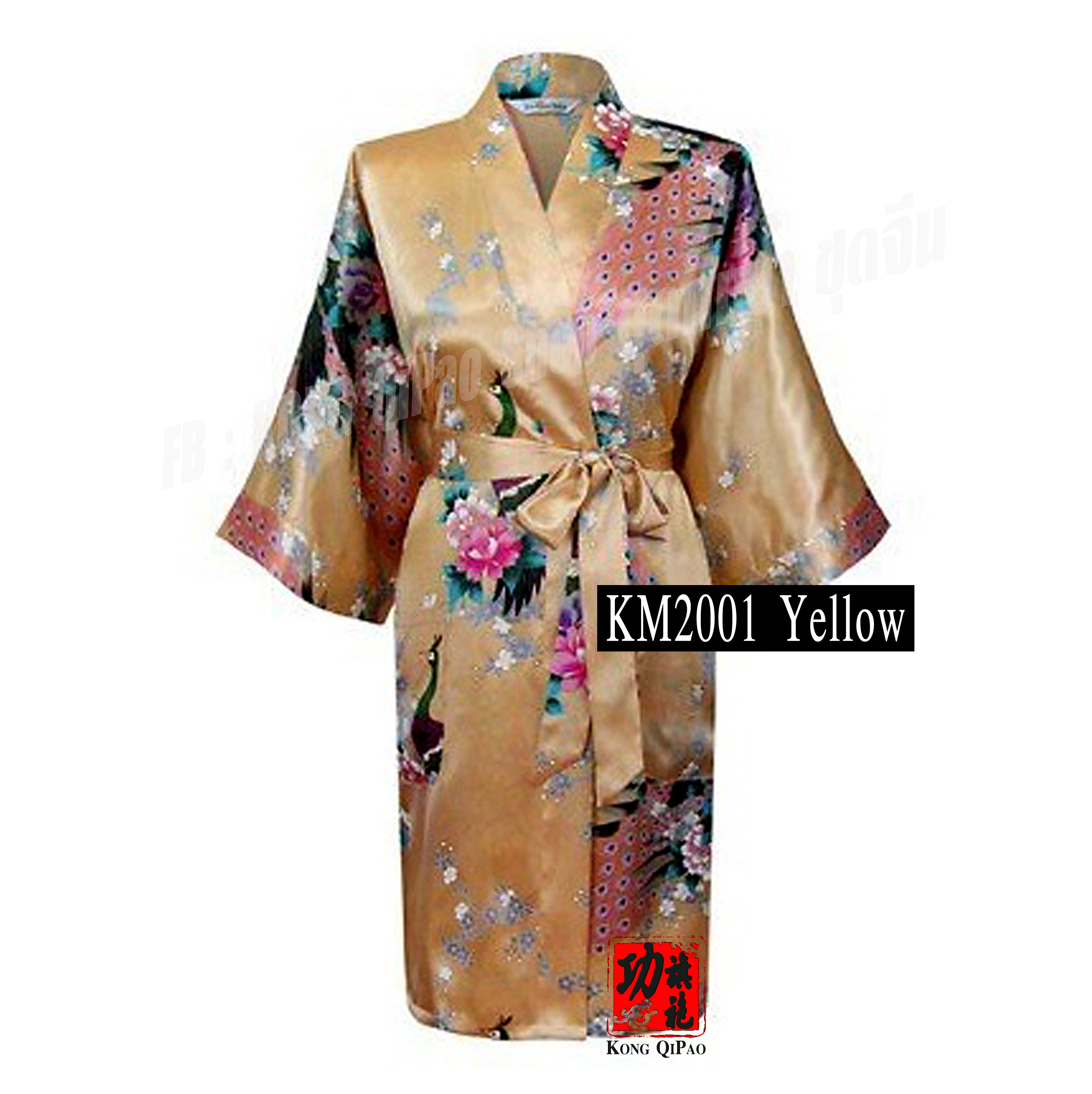 KM2001 ชุดคลุมกิโมโนผู้หญิง ลายนกยูงและดอกโบตั๋น