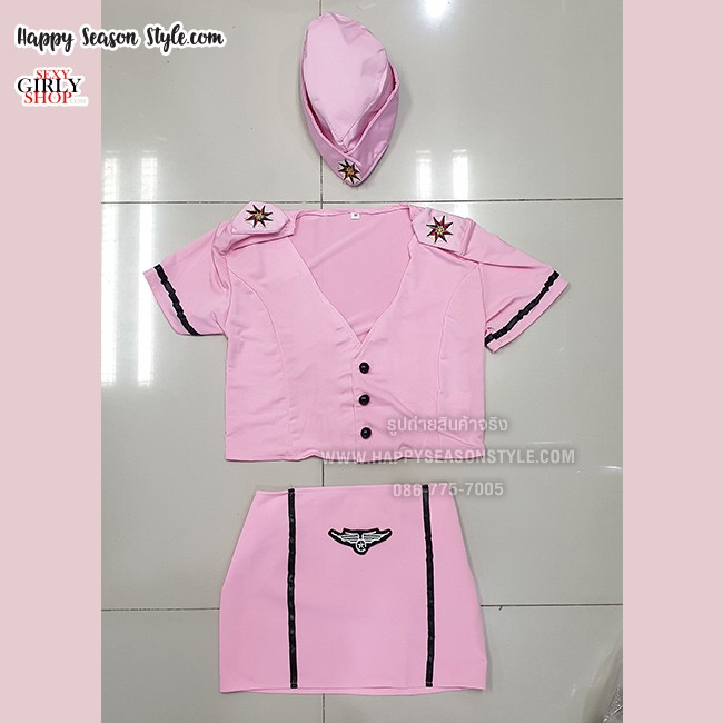 ชุดพนักงาน ชุดแอร์ ชุดยูนิฟอร์ม ชุดพนักงานต้อนรับ ชุดแอร์สีชมพู เอวลอย พร้อมหมวก