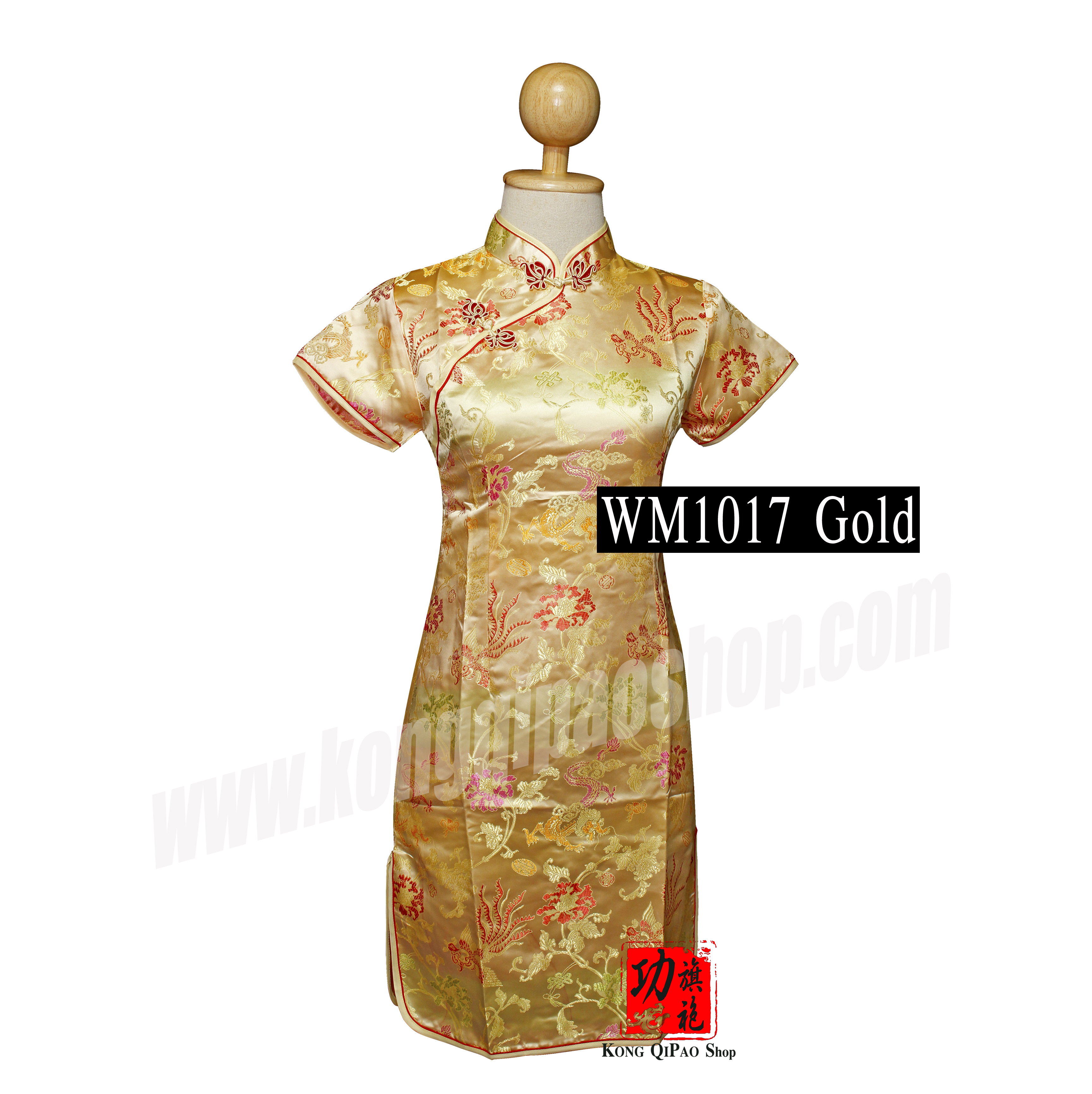 WM1017 กี่เพ้าสั้นผู้หญิง ลายมังกร หงส์ และดอกโบตั๋น