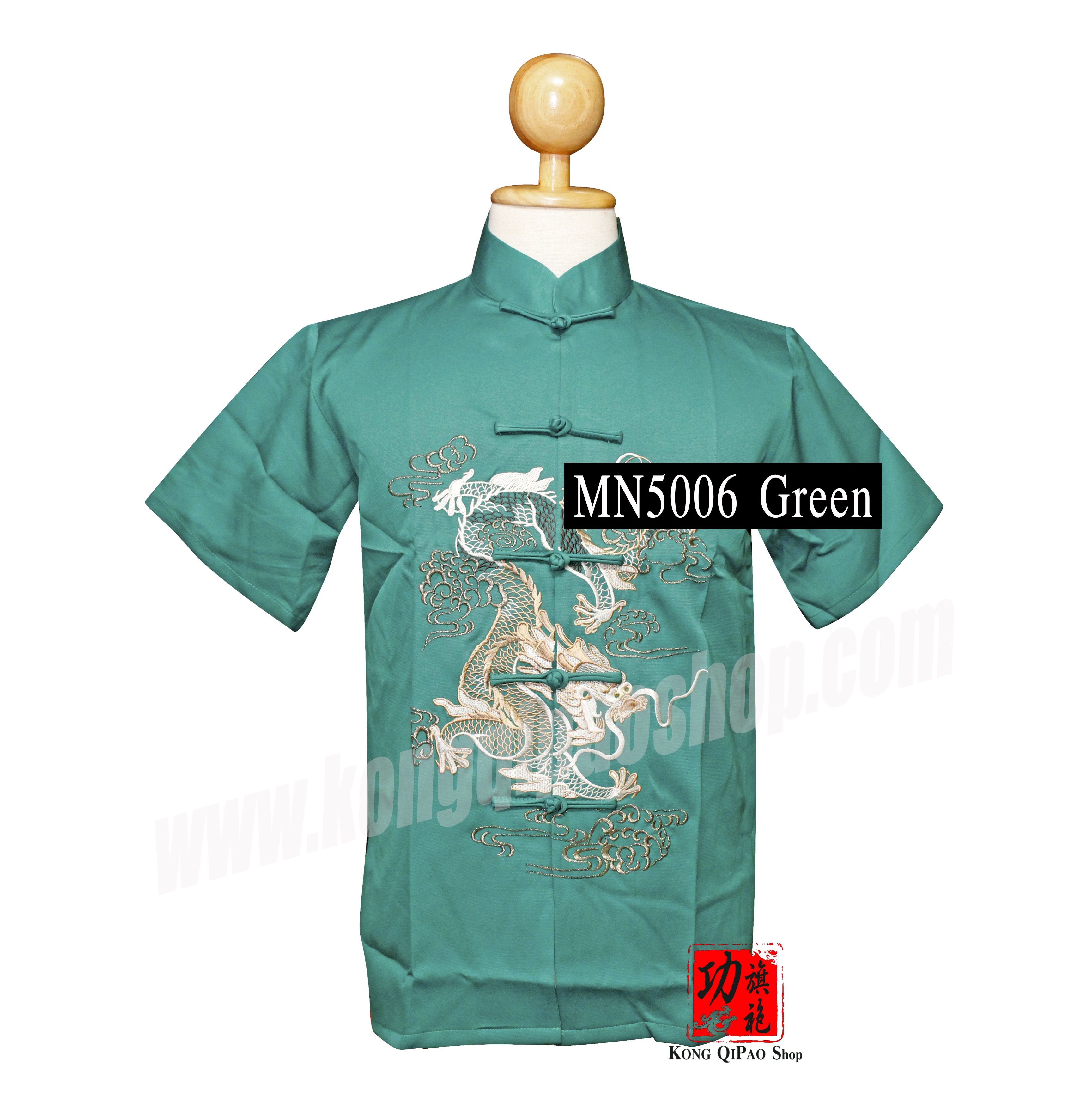 MN5006 เสื้อจีนผู้ชาย แขนสั้น ลายมังกรเดี่ยว