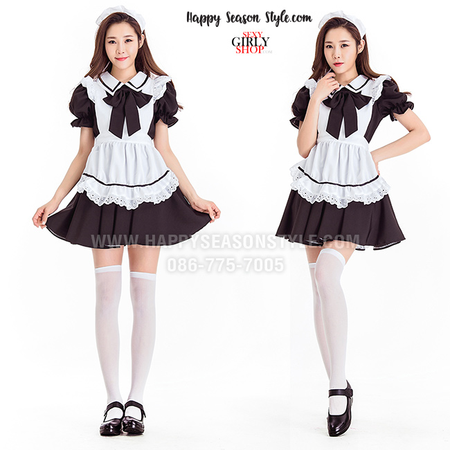 ชุดแฟนซี ชุดคอสเพลย์ ชุดเมด แม่บ้าน สาจ๋า - maid ชุดสาวเสิร์ฟ ดำ ผ้ากันเปื้อนขาว โบว์ดำ