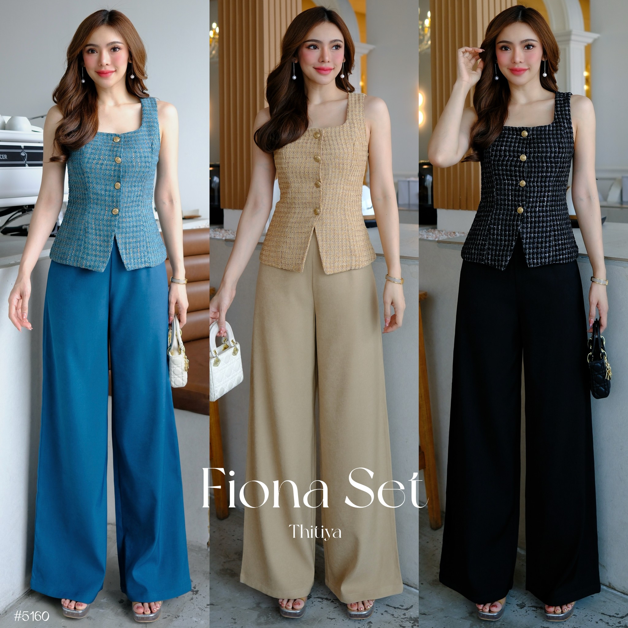 #5160 Fiona Set งานเซ็ต ตัวเสื้อผ้าทวิตทอสองสี ซับในอย่างดีทั้งตัว กระดุมทอง ตัวกางเกงทรงกระบอกตรง thitiya