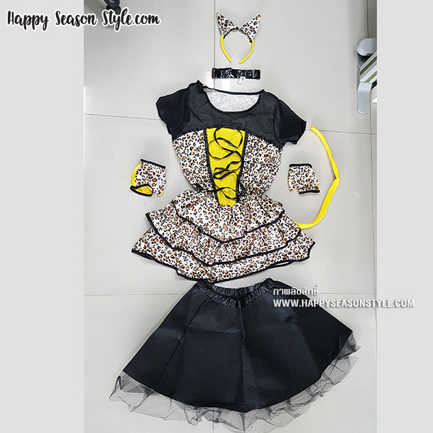 ชุดแมวลาย ชุดเสือดาว กระโปรงรูดระบาย พร้อม หู หาง ถุงมือ ปลอกคอ