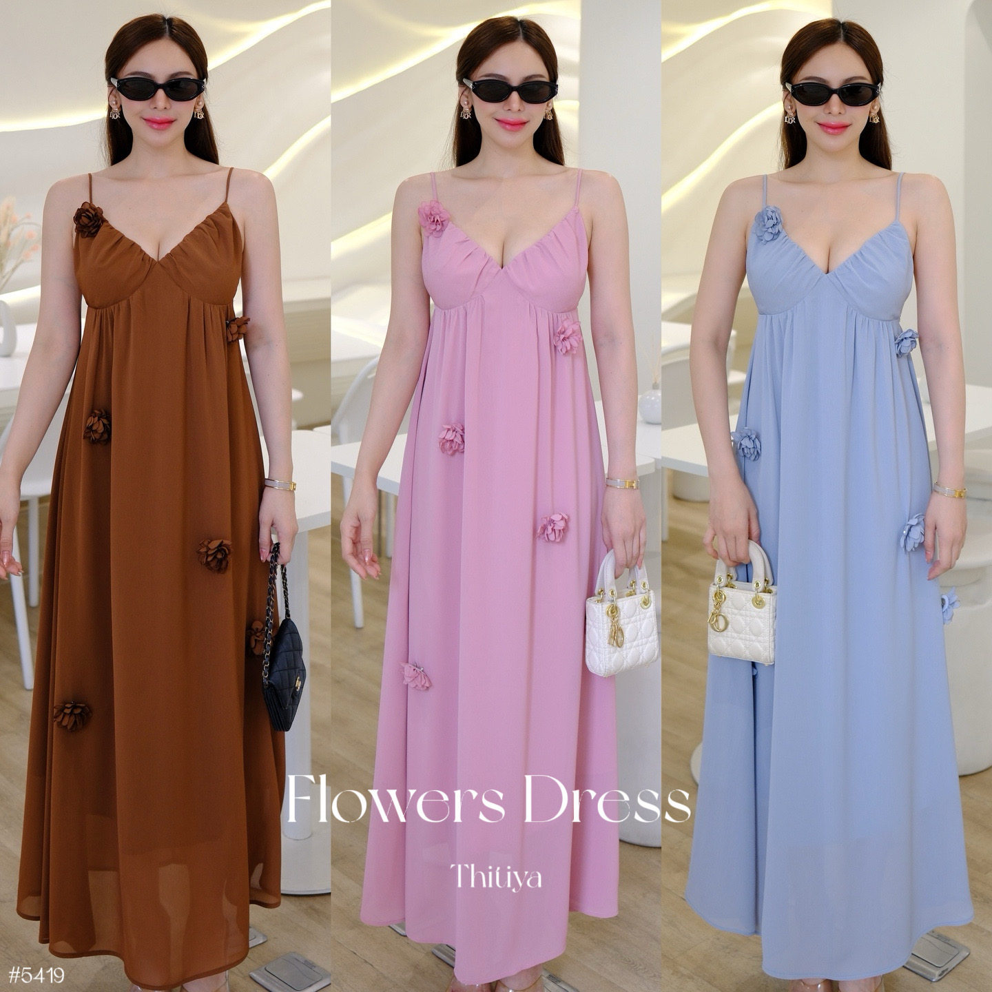 #5419 Flowers Dress เดรสยาว้าพริ้วสวย ซับในทั้งตัว สายปรับได้ ขอบอกด้านหลังยืดหยุ่น thitiya