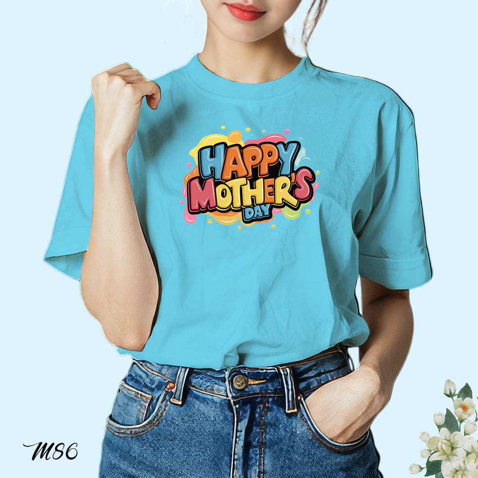 เสื้อยืดสีฟ้าวันแม่ สกรีนลาย Happy Mother's Day M86 เนื้อผ้าโพลีเอสเตอร์ 100% สกรีนตรงปก วันแม่ 12 สิงหาคม BKscreen