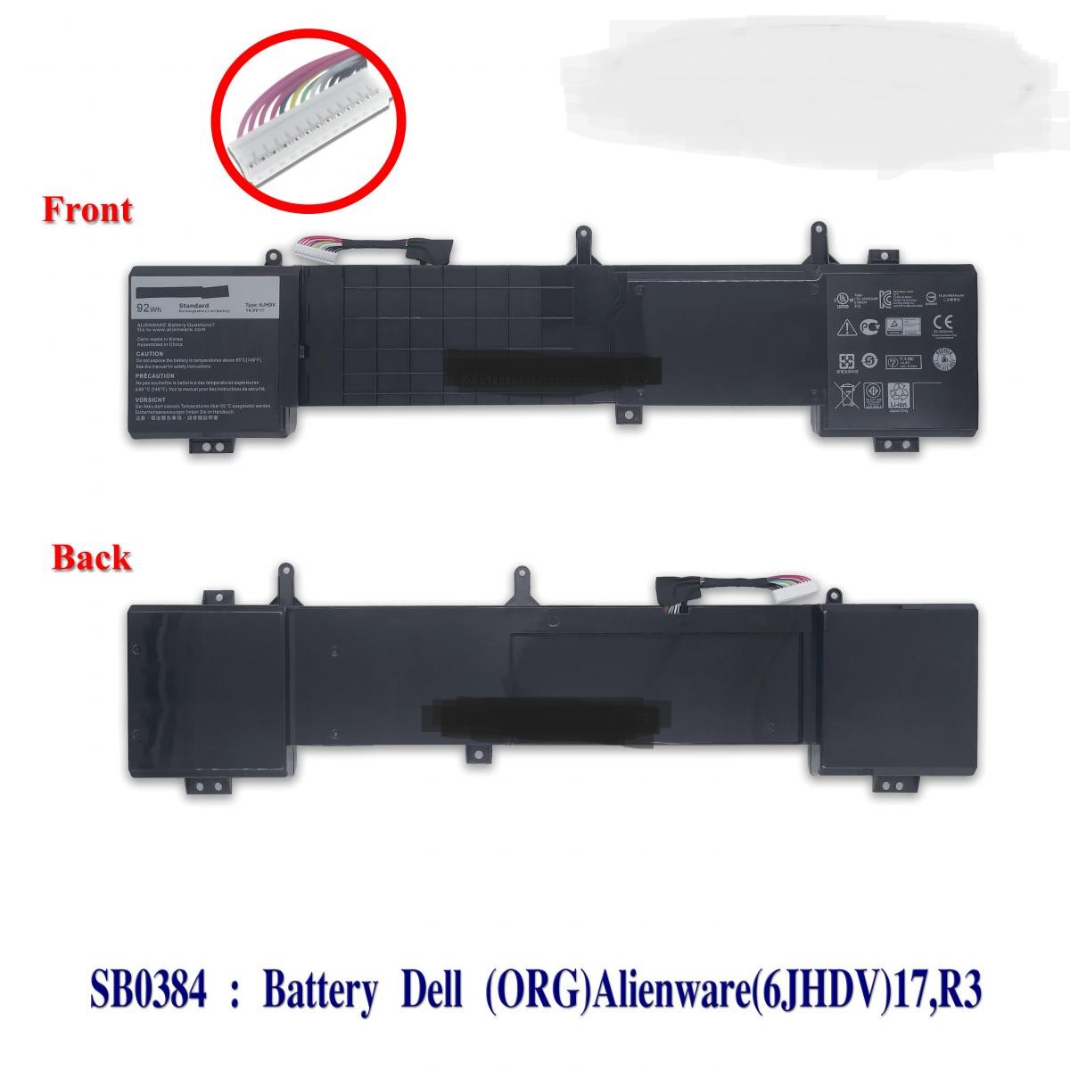 SB0384 - BatteryDell(ORG)(6JHDV)P43F002,R2 P43F001,ALW17ED-1728,2728,3728,3828,4718,4738,AW17R3-3758SLV,7092SLV,4175SLV,8342SLV,1675SLV,Gaming Laptop 6JHCY,5046