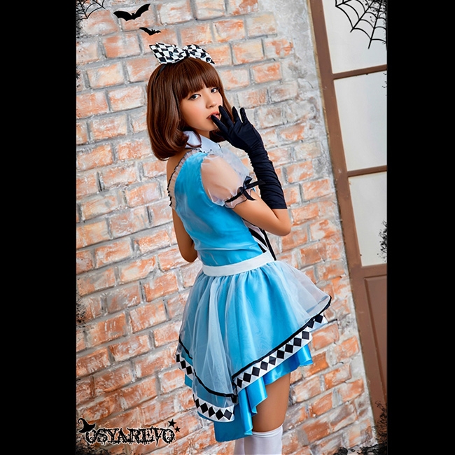 ชุดอลิซ อินวันเดอร์แลนด์ Alice in wonderlandไหล่เดี่ยว + แลคกิ้งขาวดำ