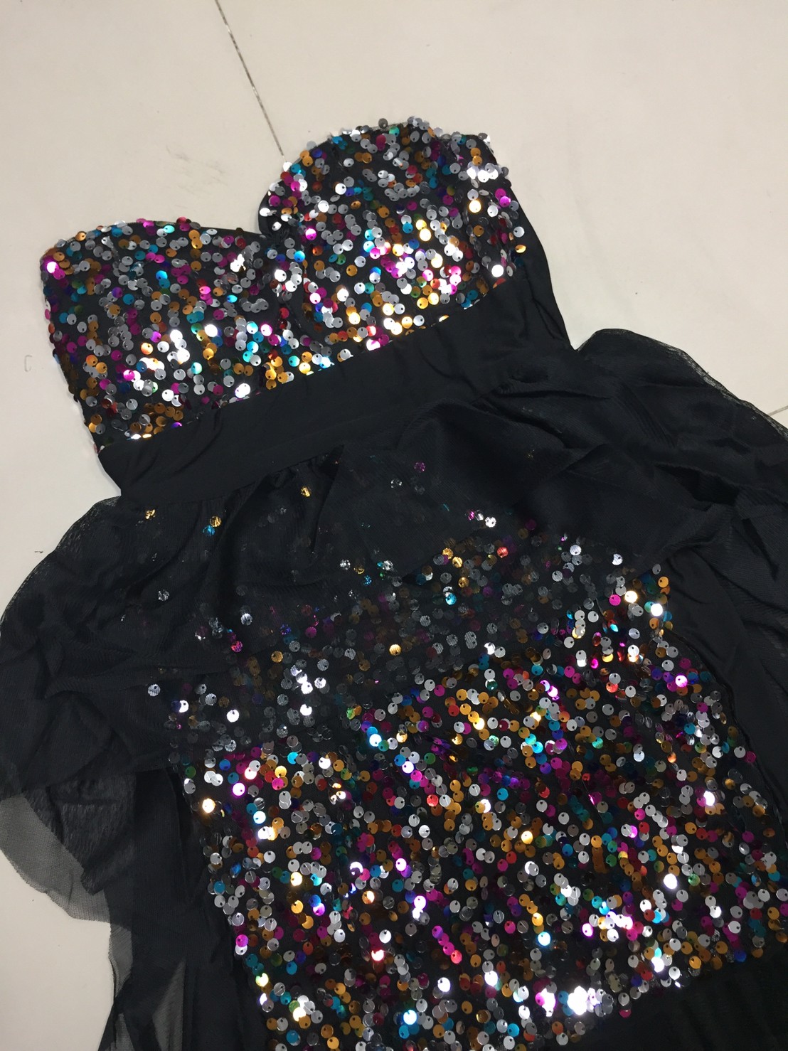 ชุดแซ็ก ชุดเดรสเกล็ดปลาแต่งผ้าชีฟองระบายช่วงเอว ชุดแดนซ์เซอร์ ชุดเต้น