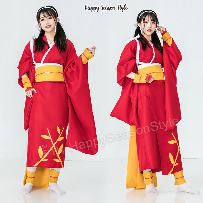 ชุดกิโมโน คอสเพลย์ แบบยาว สีแดง โอบิเหลือง สกรีนชาย