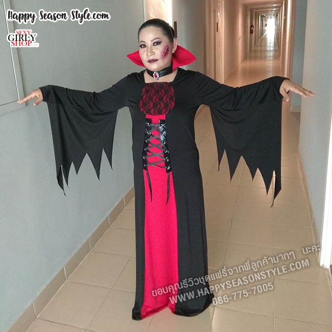 ชุดแม่มด ชุดแวมไพร์ แซกยาวดำแดง ปกตั้ง แขนกระดิ่งสีดำ