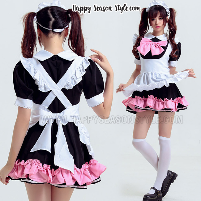 ชุดmaid ชุดสาวเสิร์ฟ ขาวดำ โบว์ชมพู ระบายชายชมพู