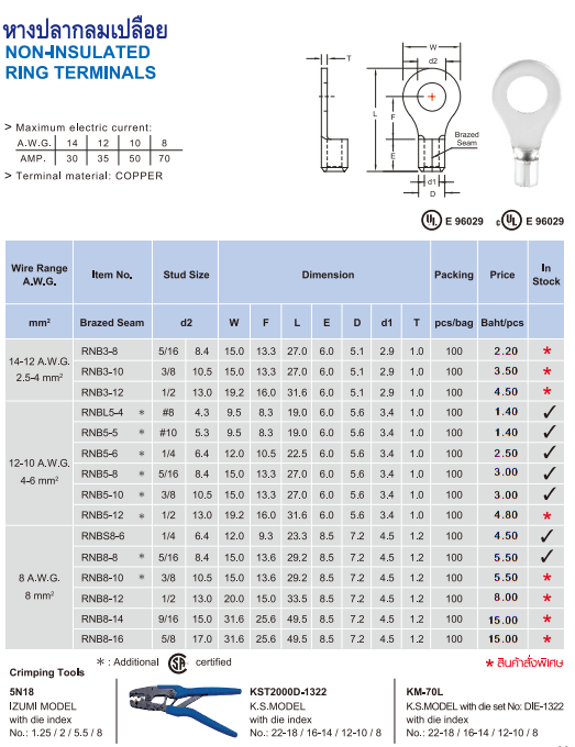 หางปลากลมเปลือย,NON-INSULATED RING TERMINALS