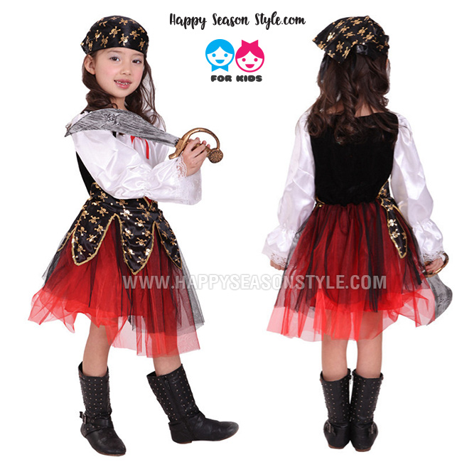 ชุดแฟนซีเด็ก ฮาโลวีน - ชุดโจรสลัดเด็ก เสื้อแขนยาวสีขาว กระโปรงฟูสีแดง แต่งลายหัวกระโหลก