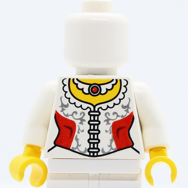 Castle Kingdoms Female Corset with Red Side Panels and Lace Trim, Ruby Necklace Pattern / White Arms / Yellow Hands
