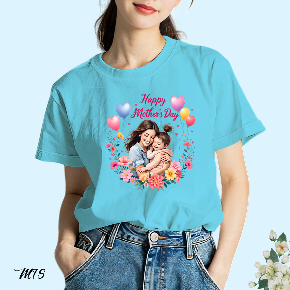 เสื้อยืดสีฟ้าวันแม่ สกรีนลาย Happy Mother Day M78 โพลีเอสเตอร์ 100% ตรงปก วันแม่ 12 สิงหาคม