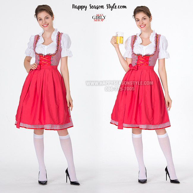 ชุดเมด ชุดสาวเสิร์ฟ เทศกาลเบียร์ ชุดเมด ชุดสาวเสิร์ฟ ขาวแดง กระโปรงสองชั้น