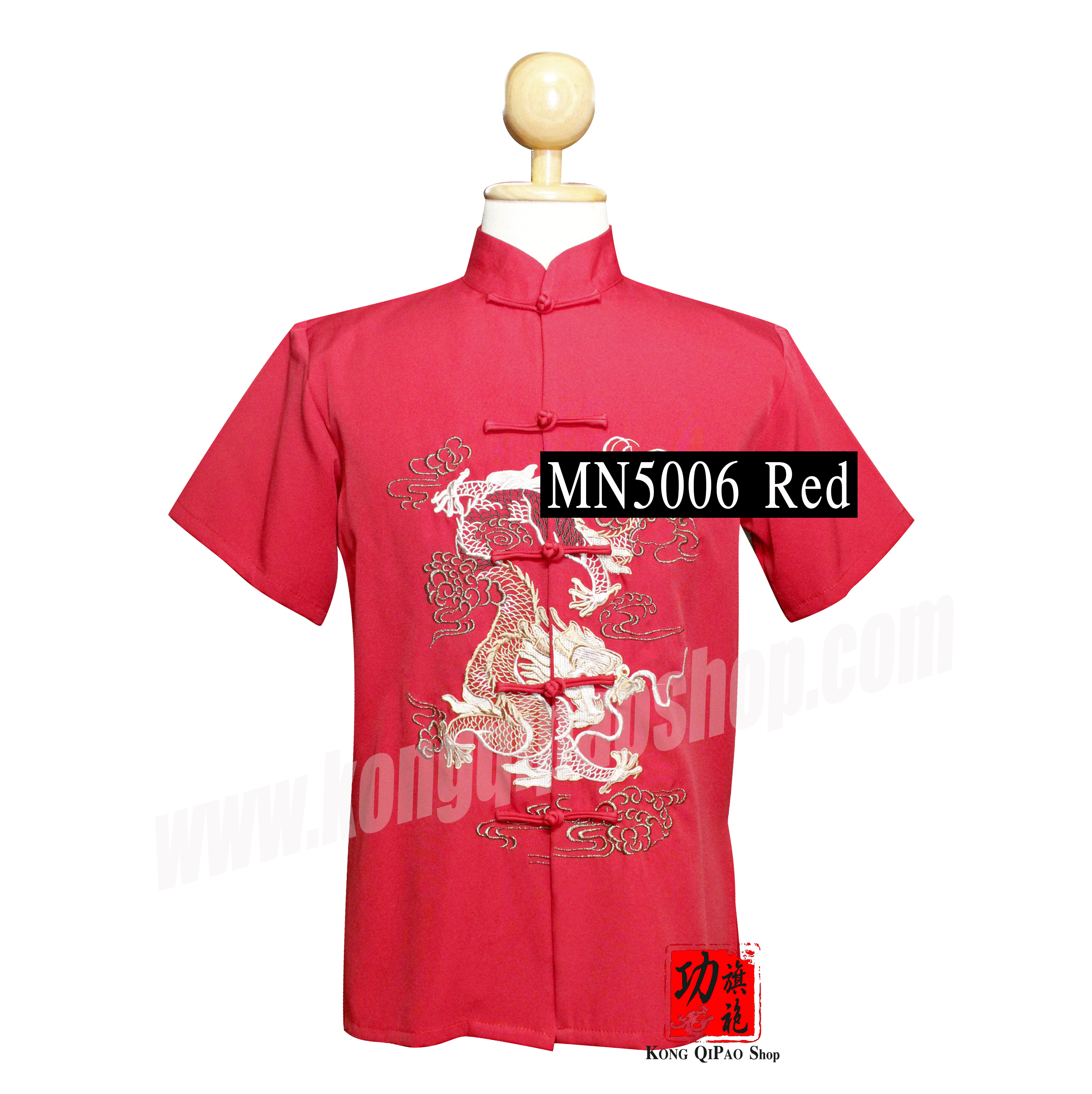 MN5006 เสื้อจีนผู้ชาย แขนสั้น ลายมังกรเดี่ยว