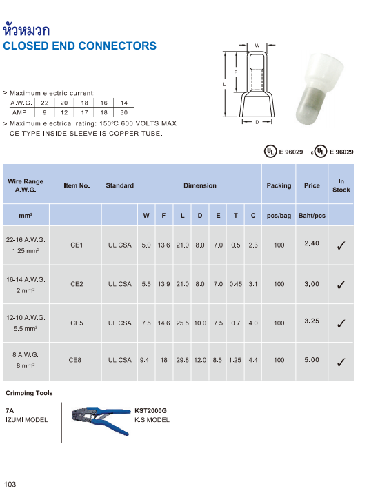 หัวหมวก,CLOSED END CONNECTORS
