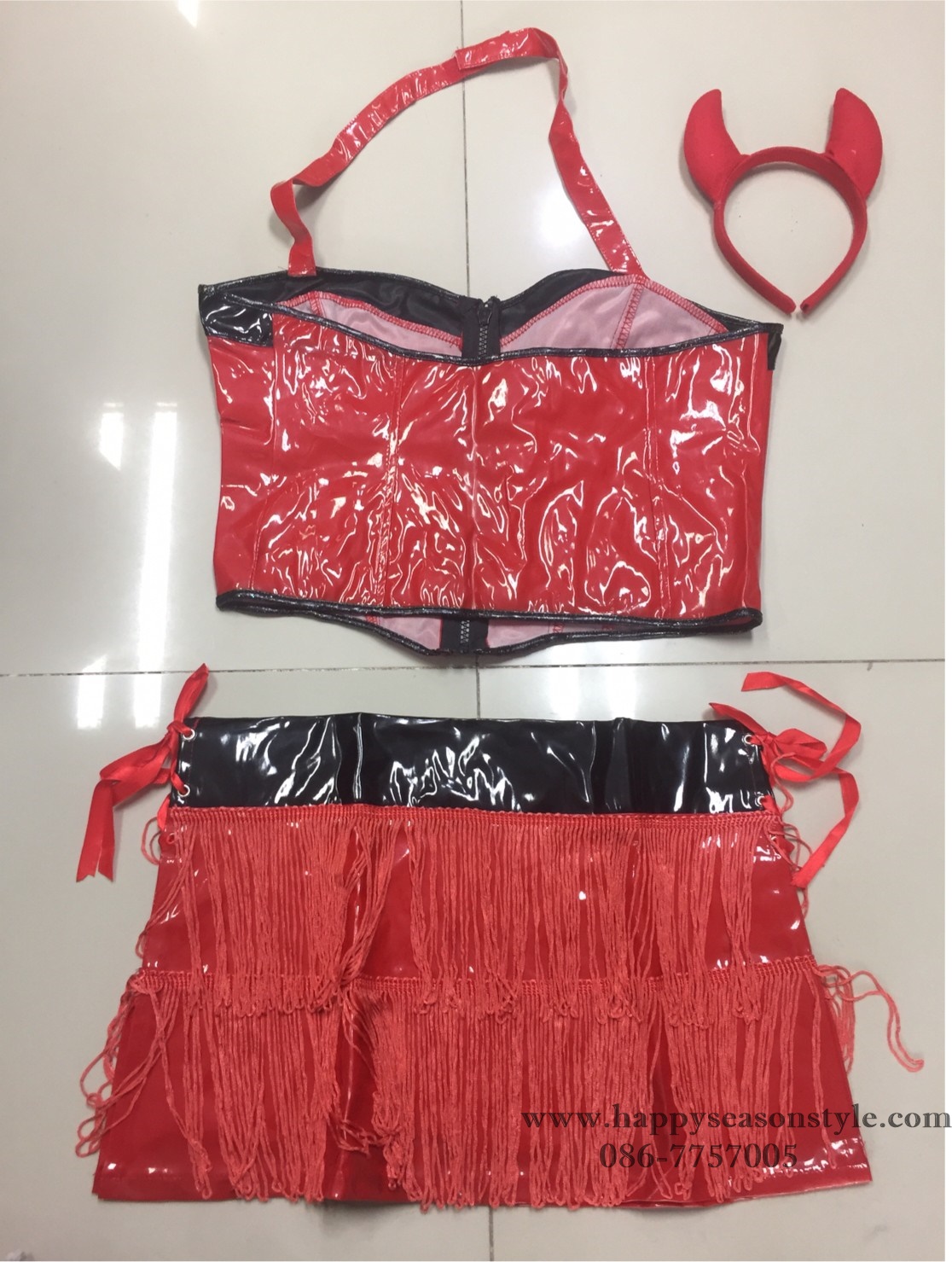 ชุดเดวิลสีแดง เกาะอกหนังผูกคอ กระโปรงหนังมีพู่ระบาย+เขาเดวิล