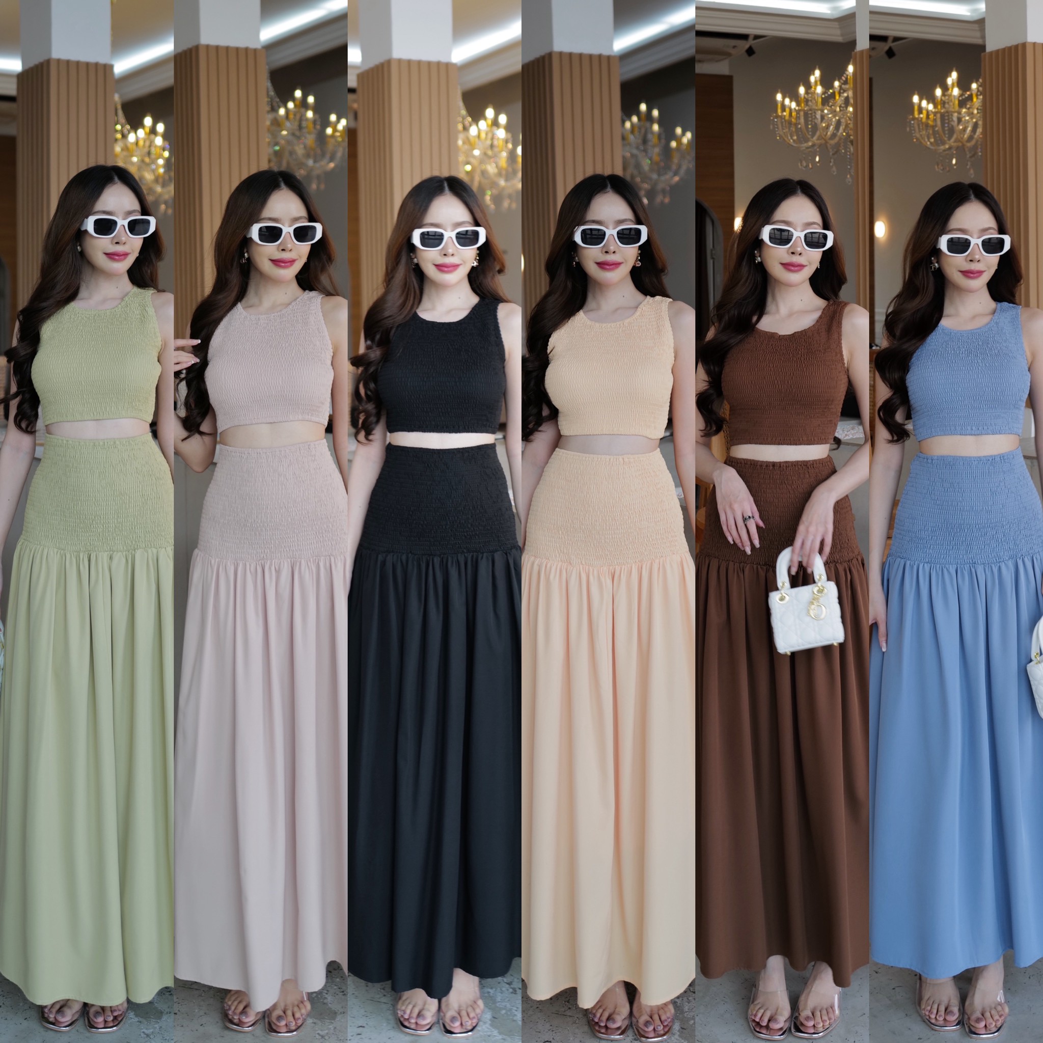 HILOOK #5103 ชุดเชต เสื้อครอปแขนกุด+กระโปรงยาว เย็บสม็อคย้ำรอบตัวดีเทลเก๋ๆ