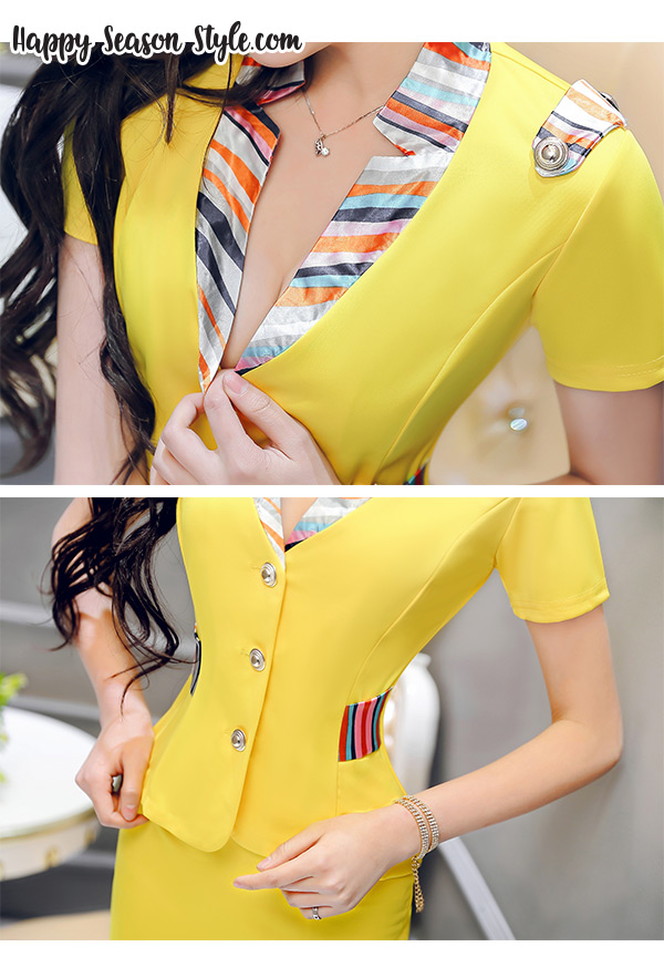 ชุดพนักงาน ชุดแอร์ ชุดยูนิฟอร์ม ชุดอาชีพ สีเหลืองสดใส ปกลาย คอวี