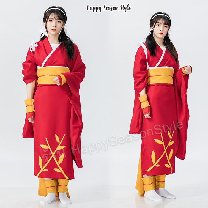 ชุดกิโมโน คอสเพลย์ แบบยาว สีแดง โอบิเหลือง สกรีนชาย