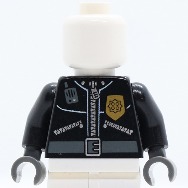 Police Leather Jacket, Gold Badge, Radio, Belt with 'POLICE' Pattern on Back / Black Arms / Dark Bluish Gray Hands