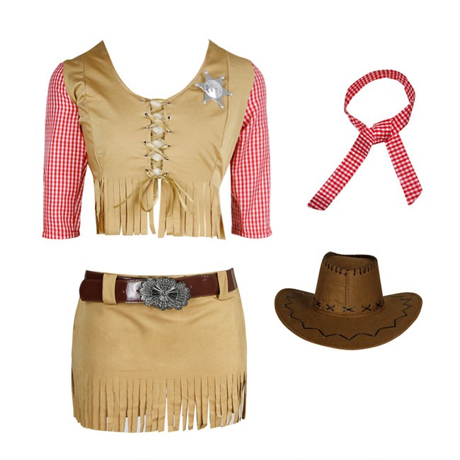 ชุดคาวบอย คาวเกิร์ล สีน้ำตาล ระบายชาย เสื้อสก๊อตแดง พร้อมหมวก