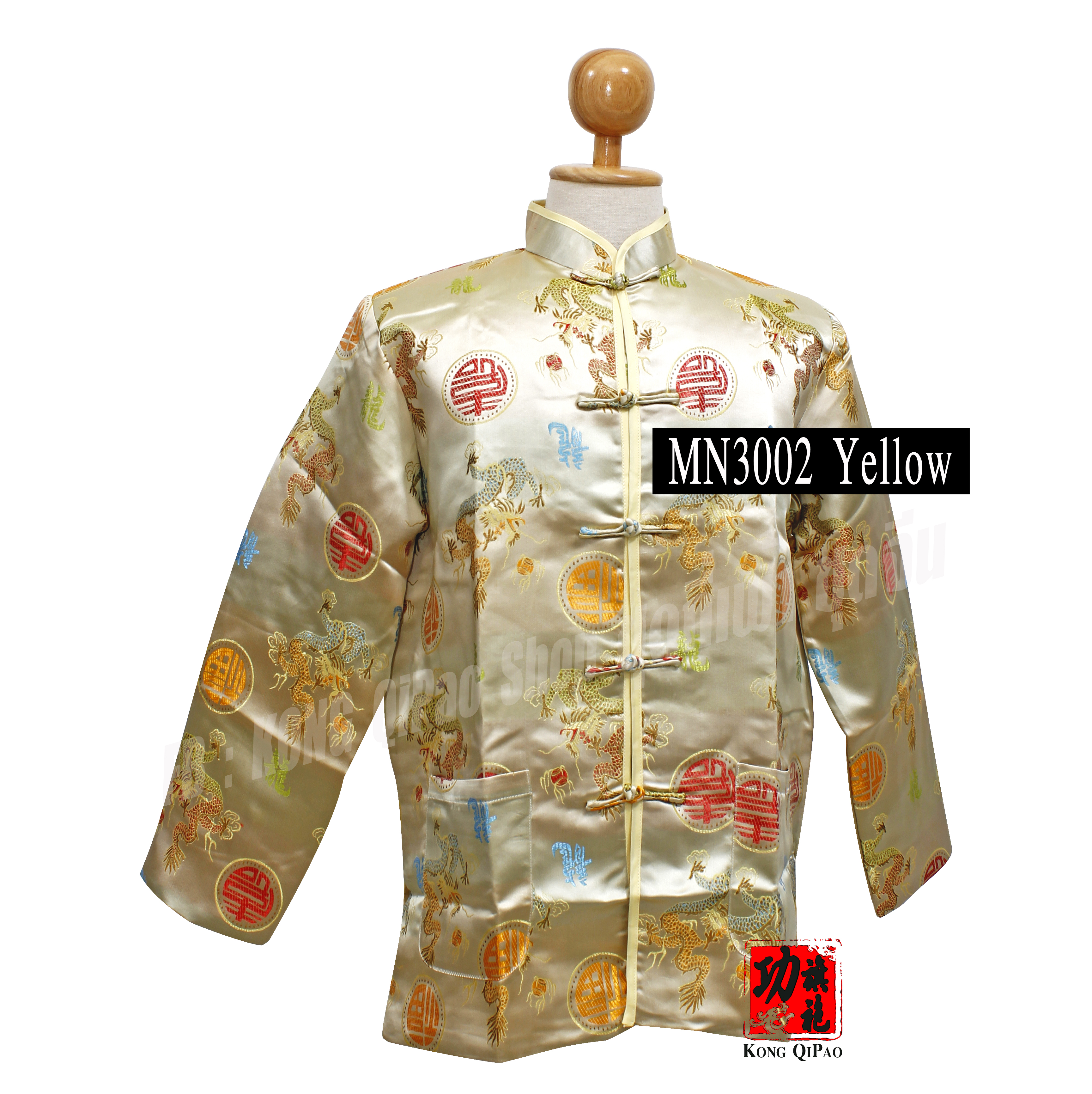 MN3002 เสื้อจีนแขนยาว ลายมังกรนำโชค 福 (ฝู)