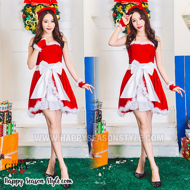 ชุดซานต้า ซานตี้ รุ่นกระโปรงบาน โบว์ขาว