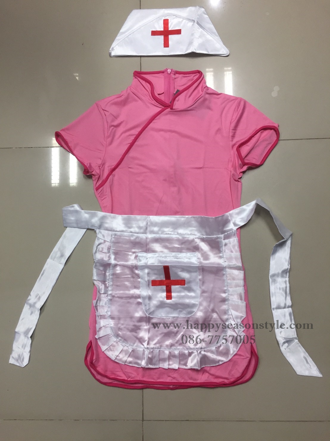 ชุดแฟนซี - ชุดกี่เพ้า ชุดพยาบาล สีชมพู มีผ้ากันเปื้อน ใส่ได้ 2 แบบ