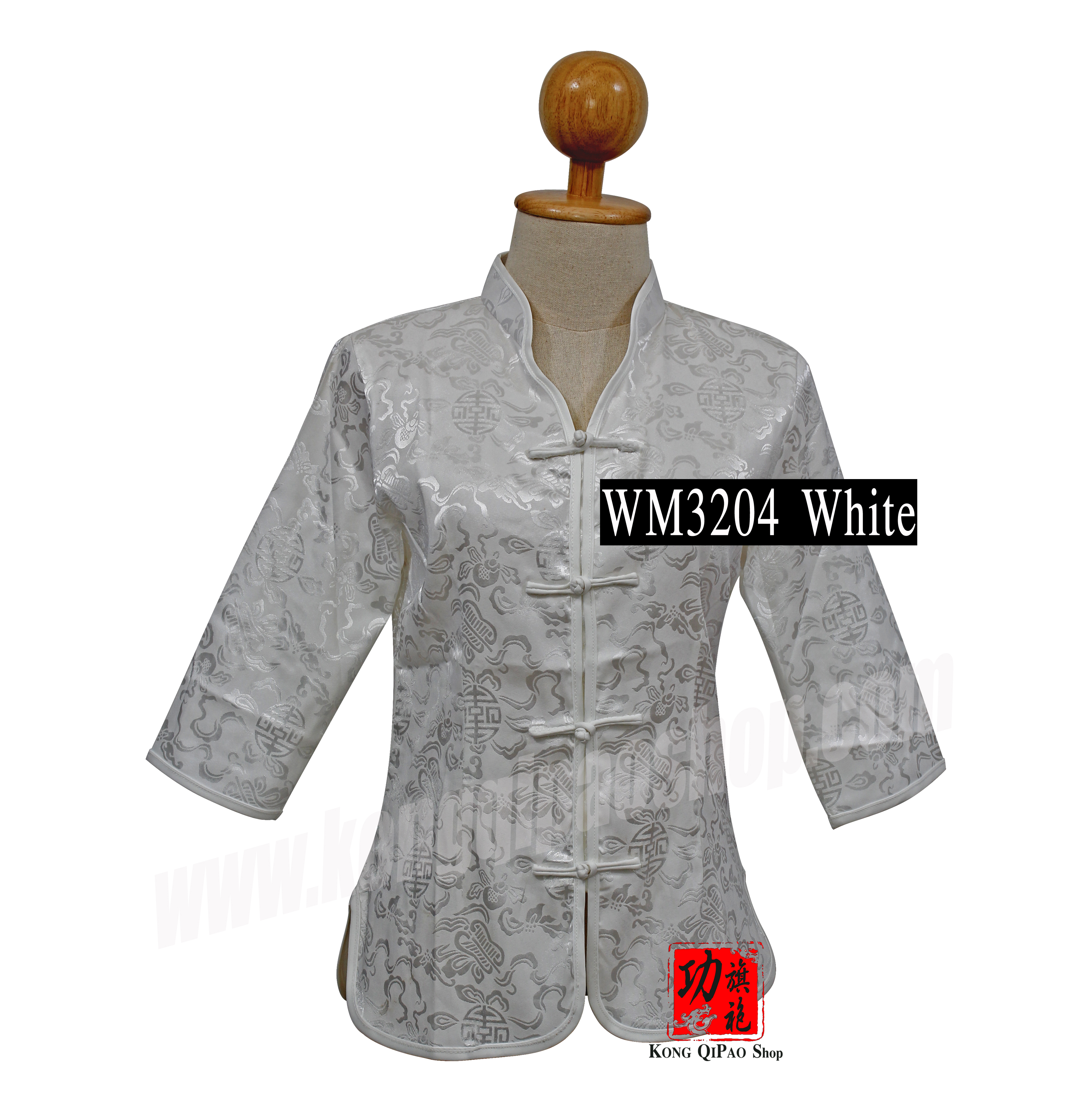 WM3204 เสื้อจีนผู้หญิง คอน้ำเต้า แขน 3 ส่วน ลายพัดจีน