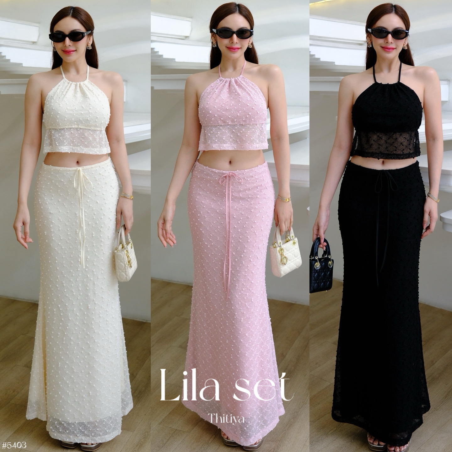 #5403 Lila Set งานเซ็ตเสื้อครอปผูกหลังแซ่บๆ แมทช์กระโปรงยาวทรงสวย เนื้อผ้าพิเศษ thtiya