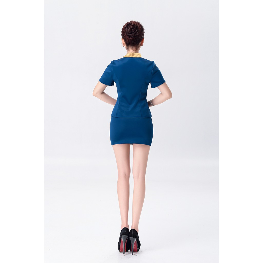 ชุดพนักงาน⚡️ส่งไวจากไทย⚡️ชุดแอร์ ชุดพนักงาน - คอเหลี่ยม แต่งริบบิ้นที่คอสีทอง ชุดแอร์ ยูนิฟอร์ม พนักงานต้อนรับ พีอาร์