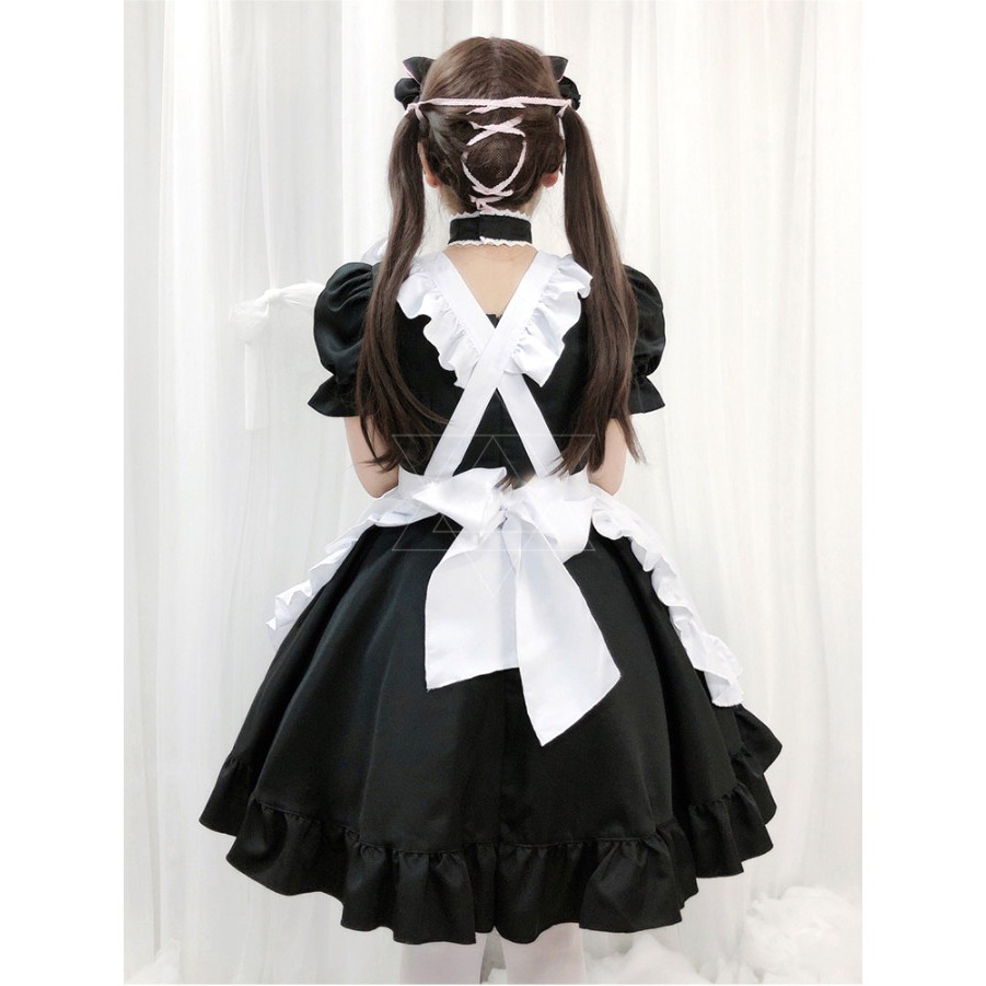 ชุดแม่บ้าน ชุดเมด ชุดเมดแมว ปักหนวดแมวที่อก สีขาวดำ พร้อมที่คาดผม