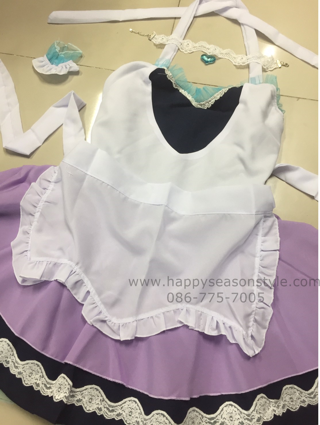 ชุดแฟนซี สาวเสิร์ฟ Maid เมดอกหัวใจ แต่งระบายสีฟ้า