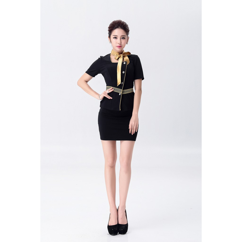 ชุดพนักงาน⚡️ส่งไวจากไทย⚡️ชุดแอร์ ชุดพนักงาน - คอเหลี่ยม แต่งริบบิ้นที่คอสีทอง ชุดแอร์ ยูนิฟอร์ม พนักงานต้อนรับ พีอาร์
